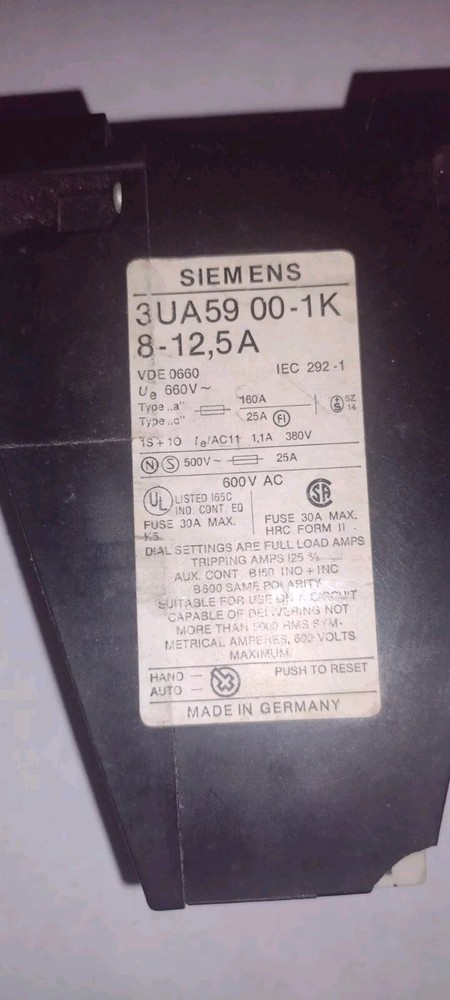 Siemens 3UA59 Motor Overload, 8-12.5 Amps