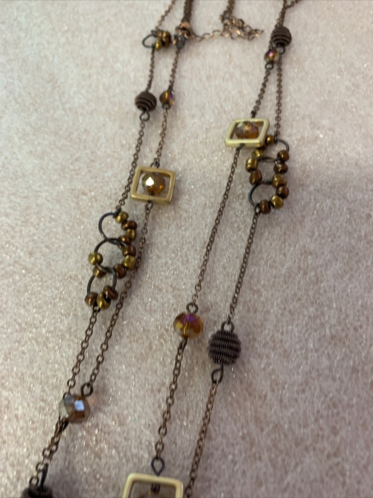 Multi-Strand Gold TONE Chain Amber Bead Necklace