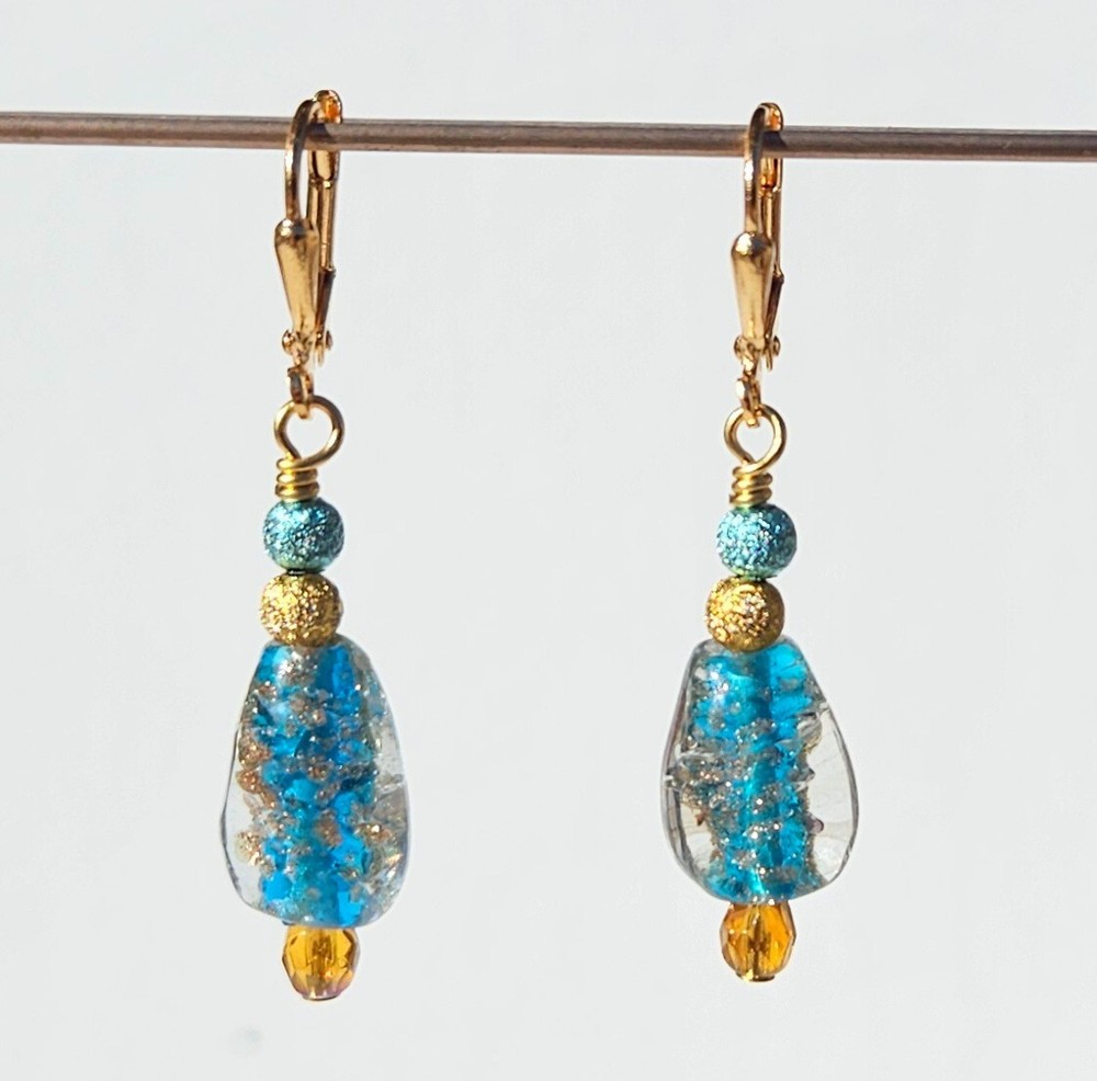 Blue and Gold Lampwork, Magnesite, Pearl Set