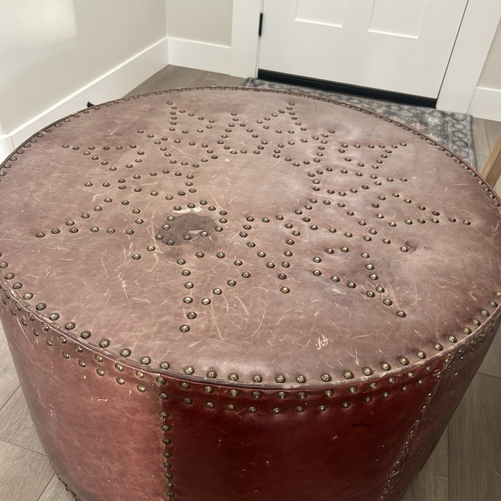 Handmade Lee Industries Leather Studded Round Ottoman Coffee Table