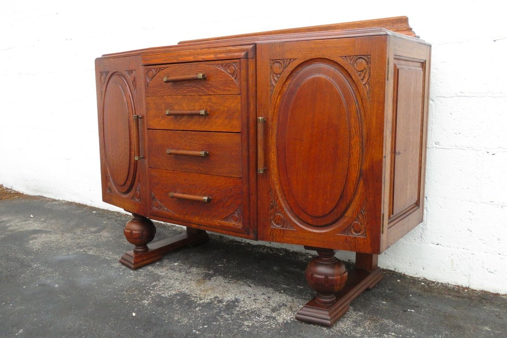 1920s English Deco Tiger Oak Server Sideboard Buffet Bathroom Vanity 2158