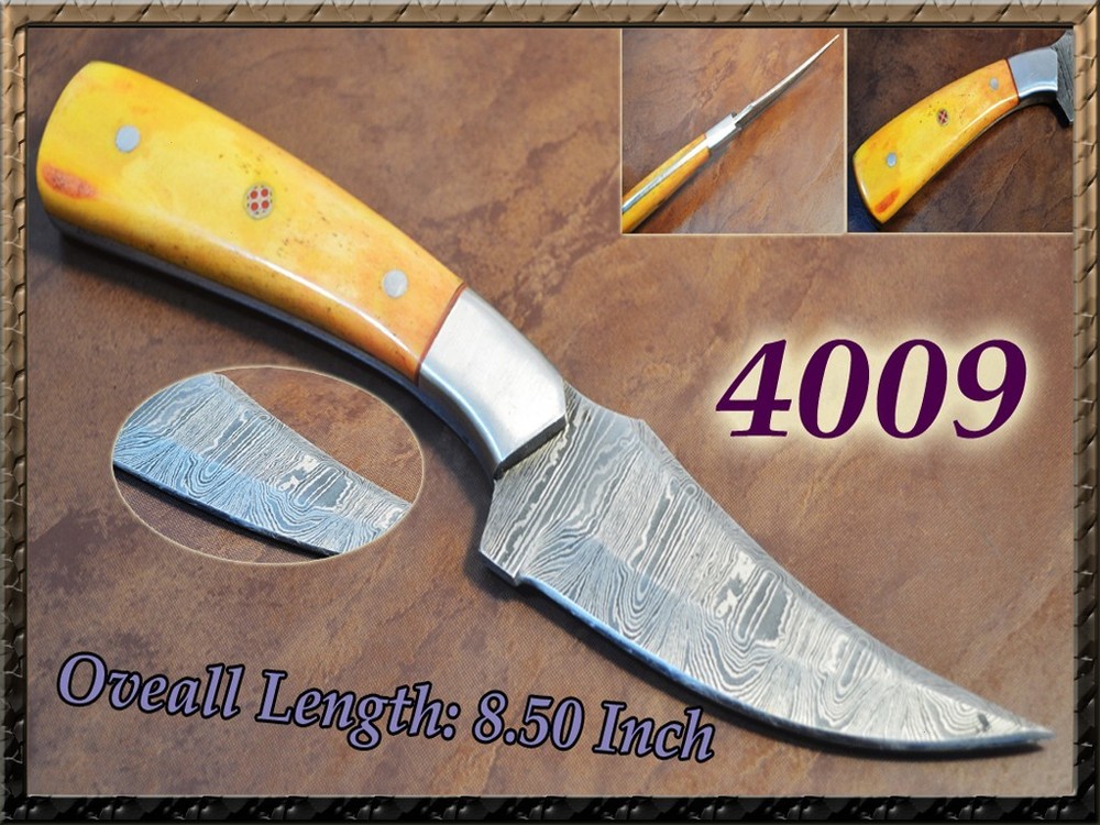 Custom Damascus Skinner Knife| Hunting & Colored Bone-Fixed Blade With Sheath