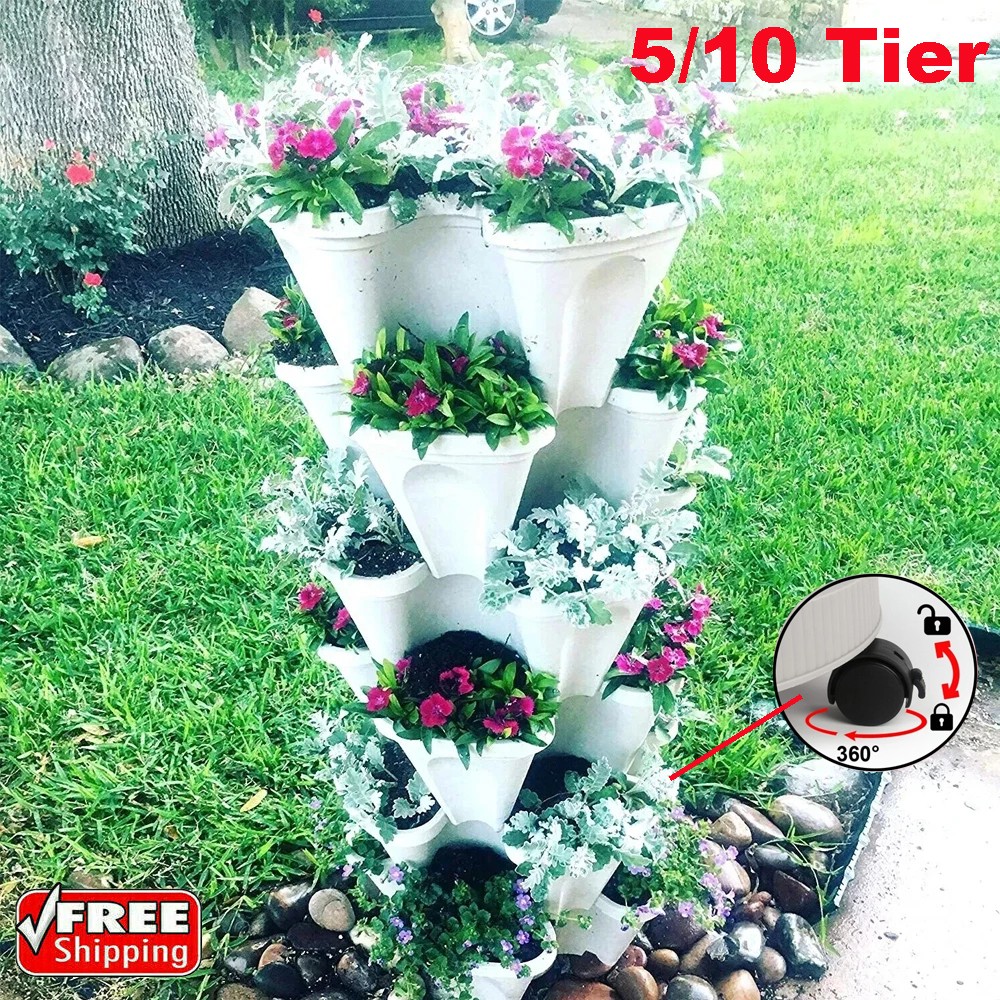 5-10 Tier Stackable Planters Vertical Planter Flower Pot with 360° Wheels & Tool