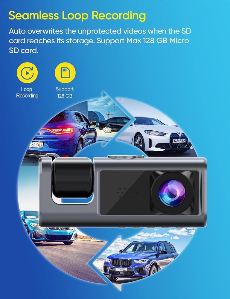 3 Channel Dash Cam Front and Rear Inside,1080P with IR Night Vision, G-Sensor