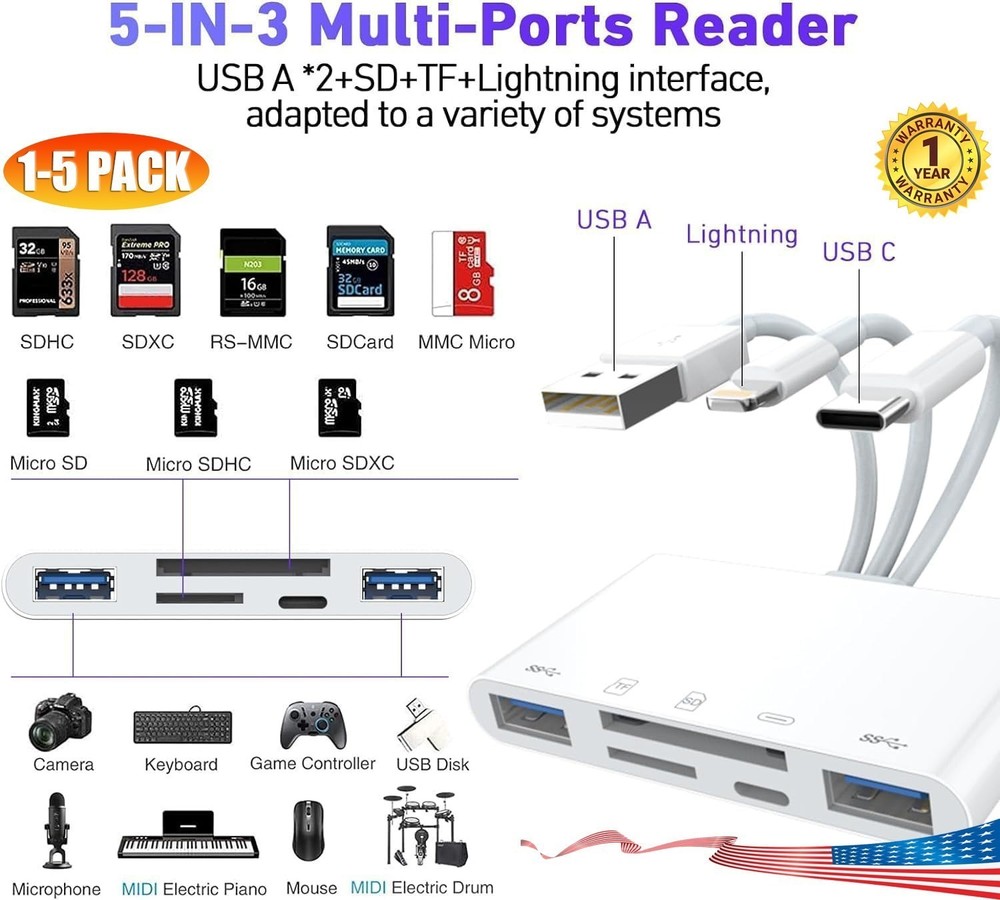 5 in 1 Micro SD/TF USB3.0 Slot Memory Card Reader for iPhone iPad Camera Adapter