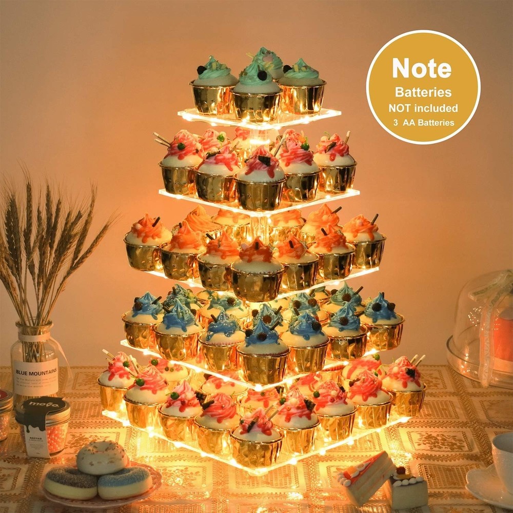Stylish Acrylic Cupcake Tower Display 5 Tiers with LED String Lights - 20.86"