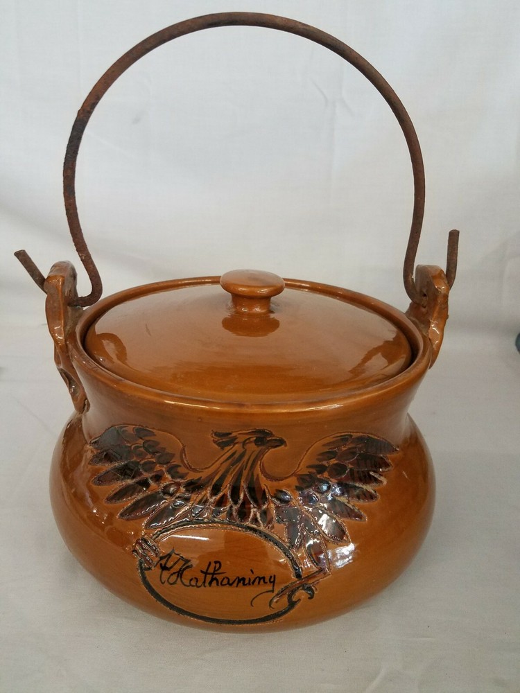 Glazed Pottery Bean Pot with Metal Handle