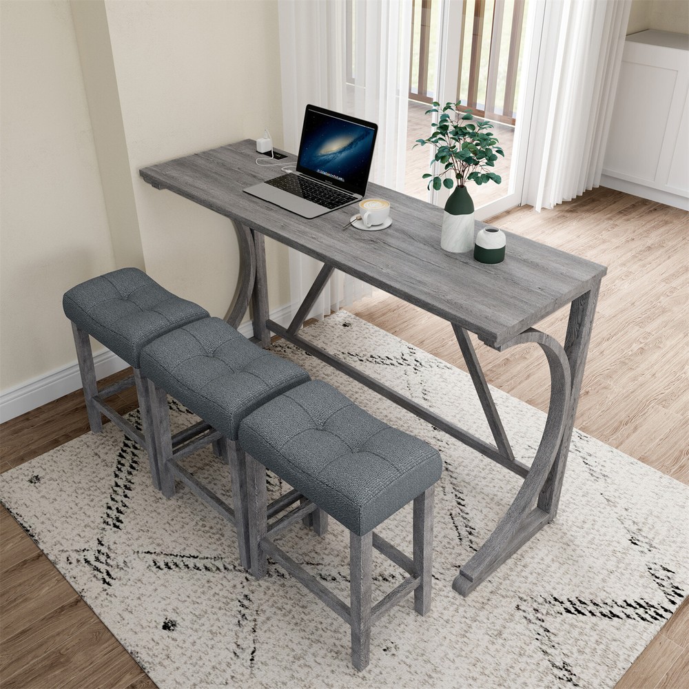 4 Piece Bar Table Set Dining Kitchen Table with 3 Stools and Power Outlet