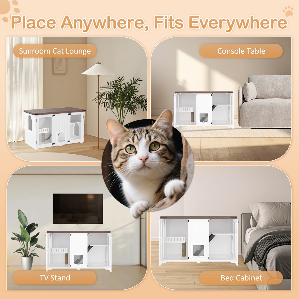 Cat Litter Box Enclosure with LED Light, Stairs, and Scratching Post