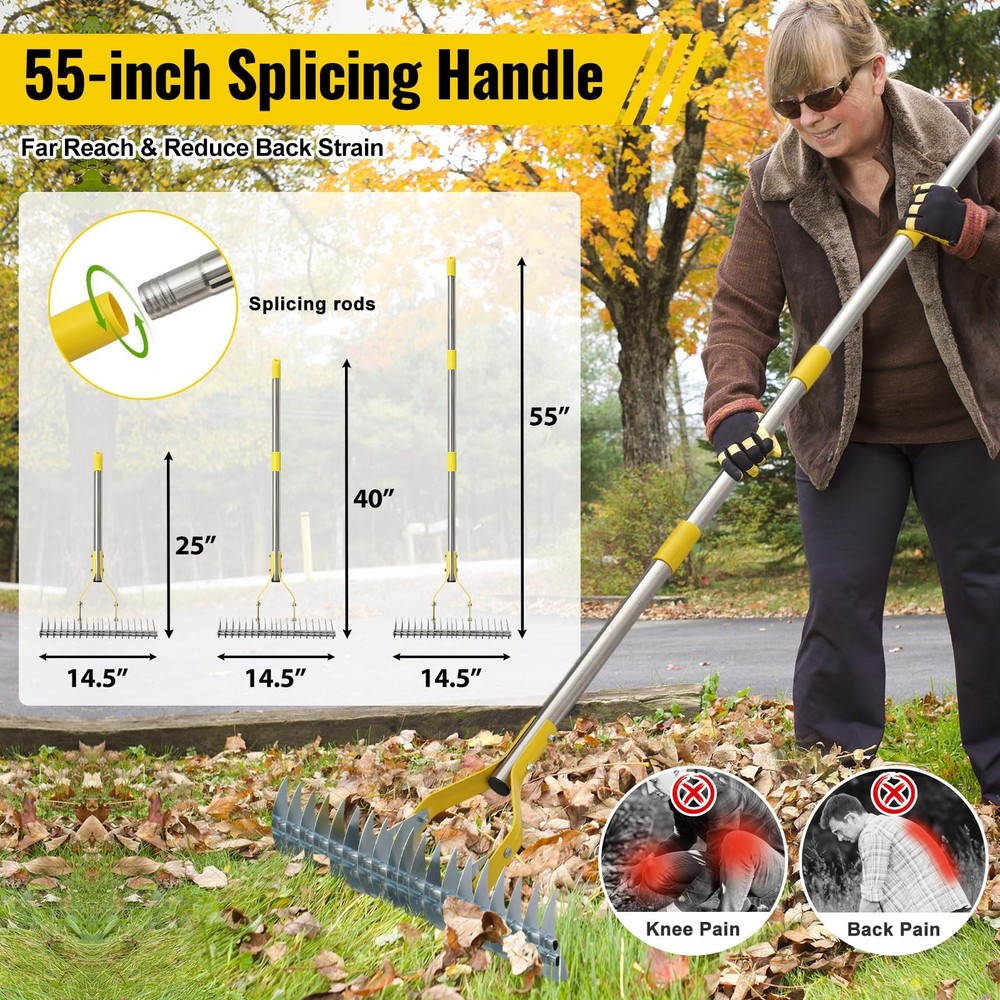 Garden Leaf Rake: Dual Function Thatching Rake for Lawn Dead Grass Silver