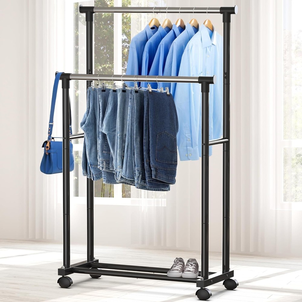 Effortless Double Rod Garment Rack - Portable and Durable with Chrome Finish