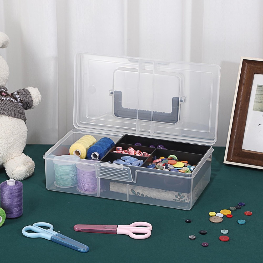 BTSKY Clear Plastic Storage Box with Removable Tray Multipurpose Black