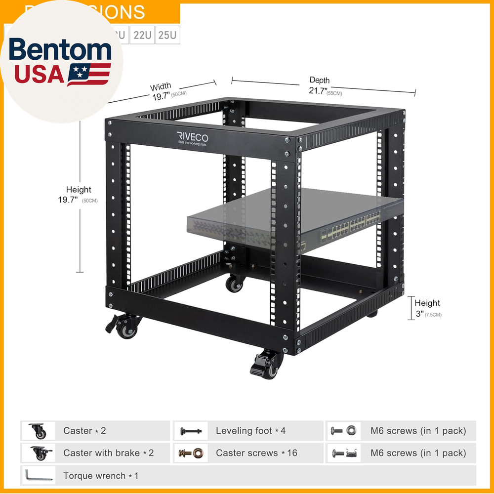 9U Open Frame Server Rack with Casters- Heavy Duty 4 Post Quick Assembly 19-Inch
