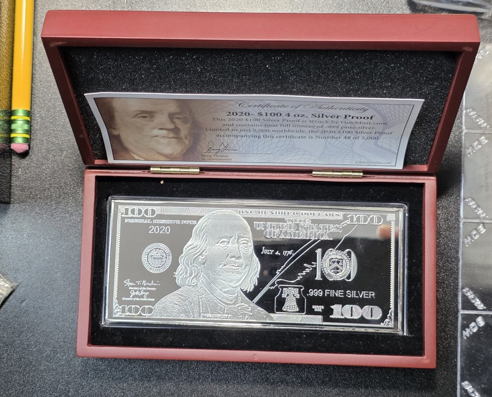 4 oz Silver Bar - Random Year $100 Bill (w/Box & COA)