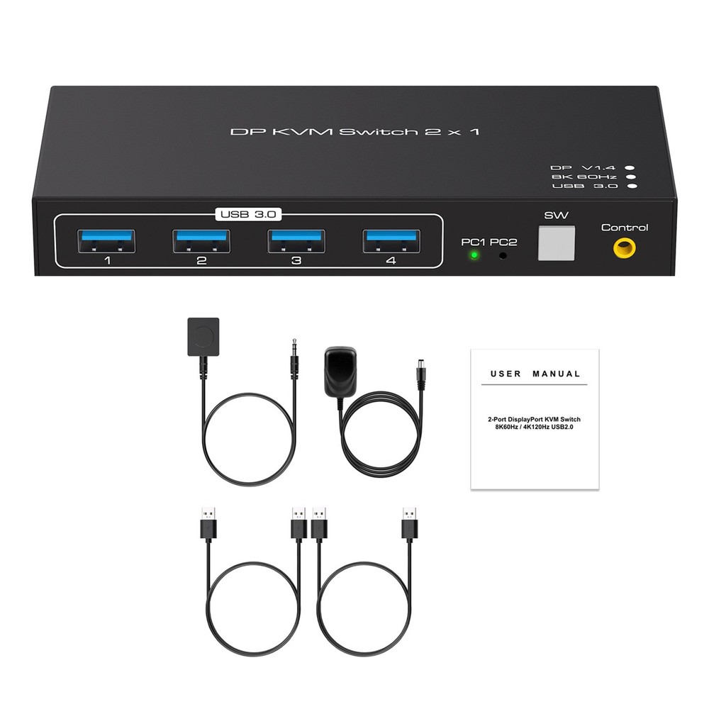 2x1 DP KVM Switch With USB Cable DC12V Power Adapter & External Switch Kit