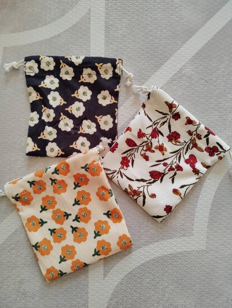 * Retro Drawstring Bag * Small Item Pouch Orange Floral Pattern