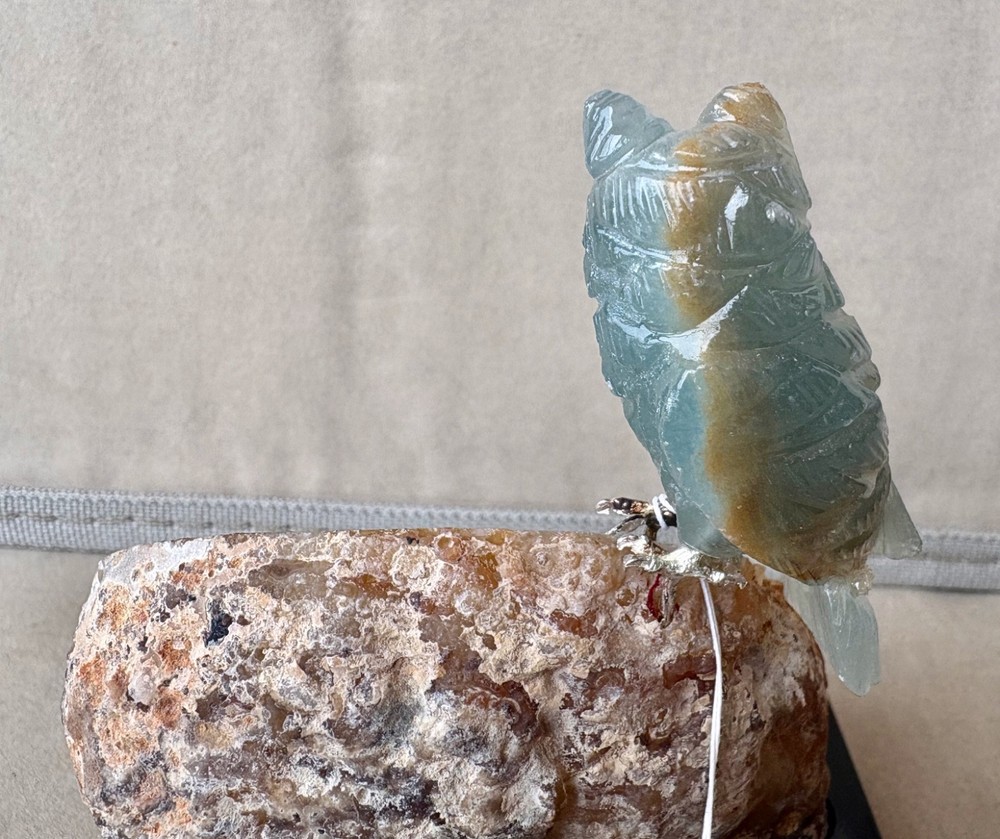 Blue Calcite Owl on Geode 4 1/4 " -Peter Muller