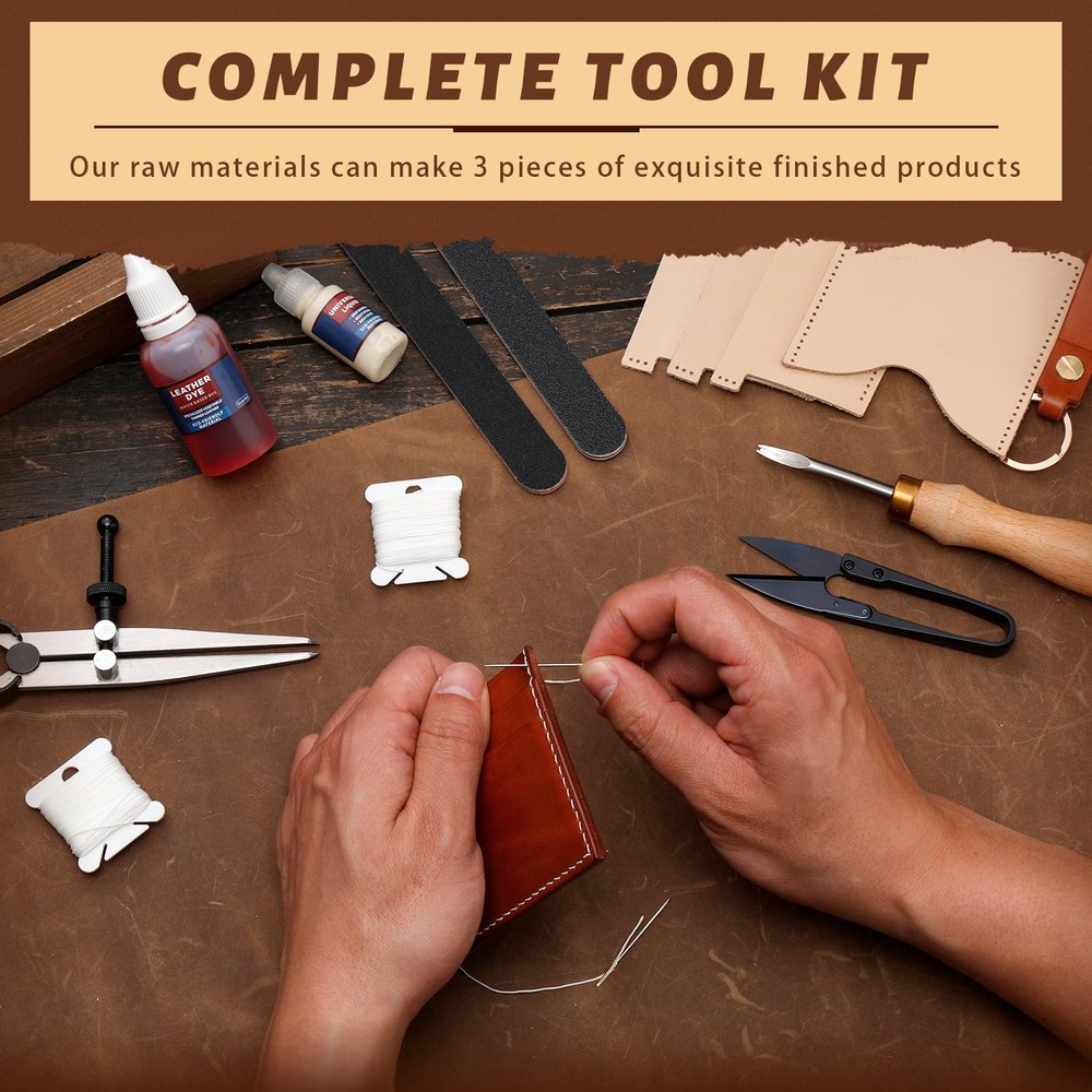 51-Piece Leather Working Kit: Craft Tools Set with Edge Beveler Vegetable Tan...