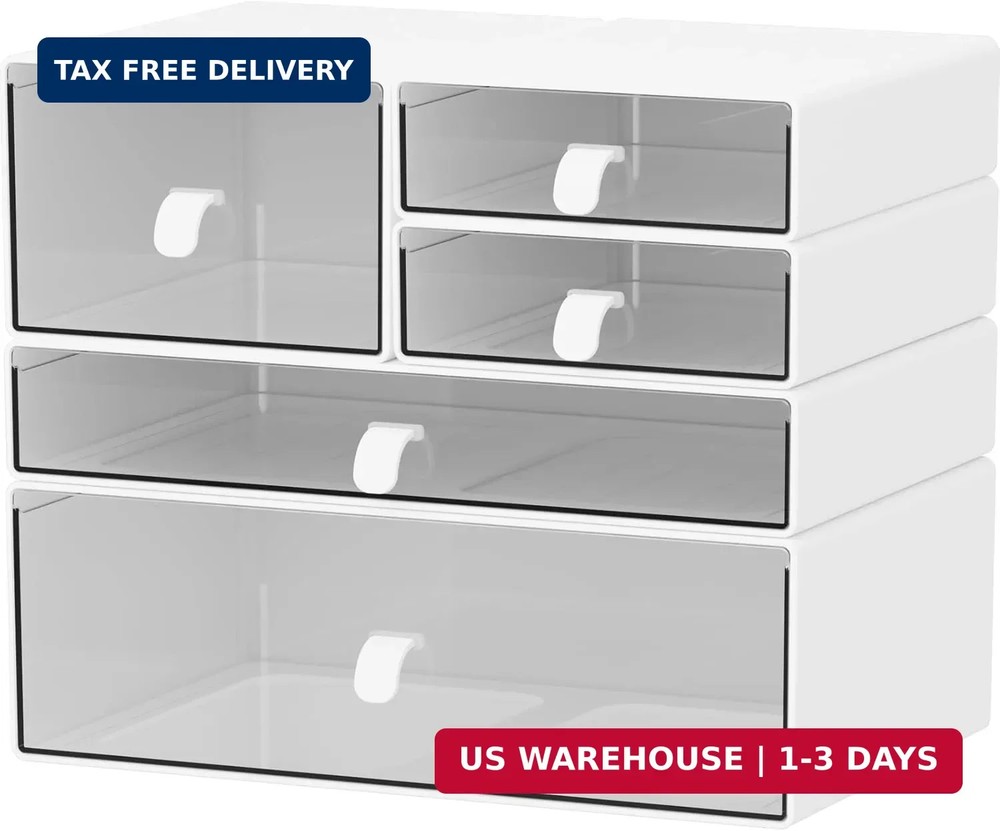 Desk Organizer Set, White & Clear Stackable Dustproof Storage Boxes for Desktop,