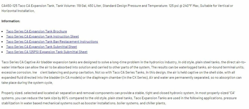 Taco 119 gallon boiler expansion tank CA450-5 vertical horizontal steam water