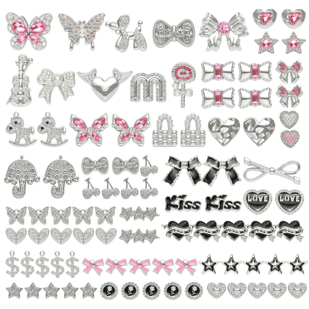 100 Pcs Bling Flat Back Junk Charm Kit for Pink-Silver-Black-Bling