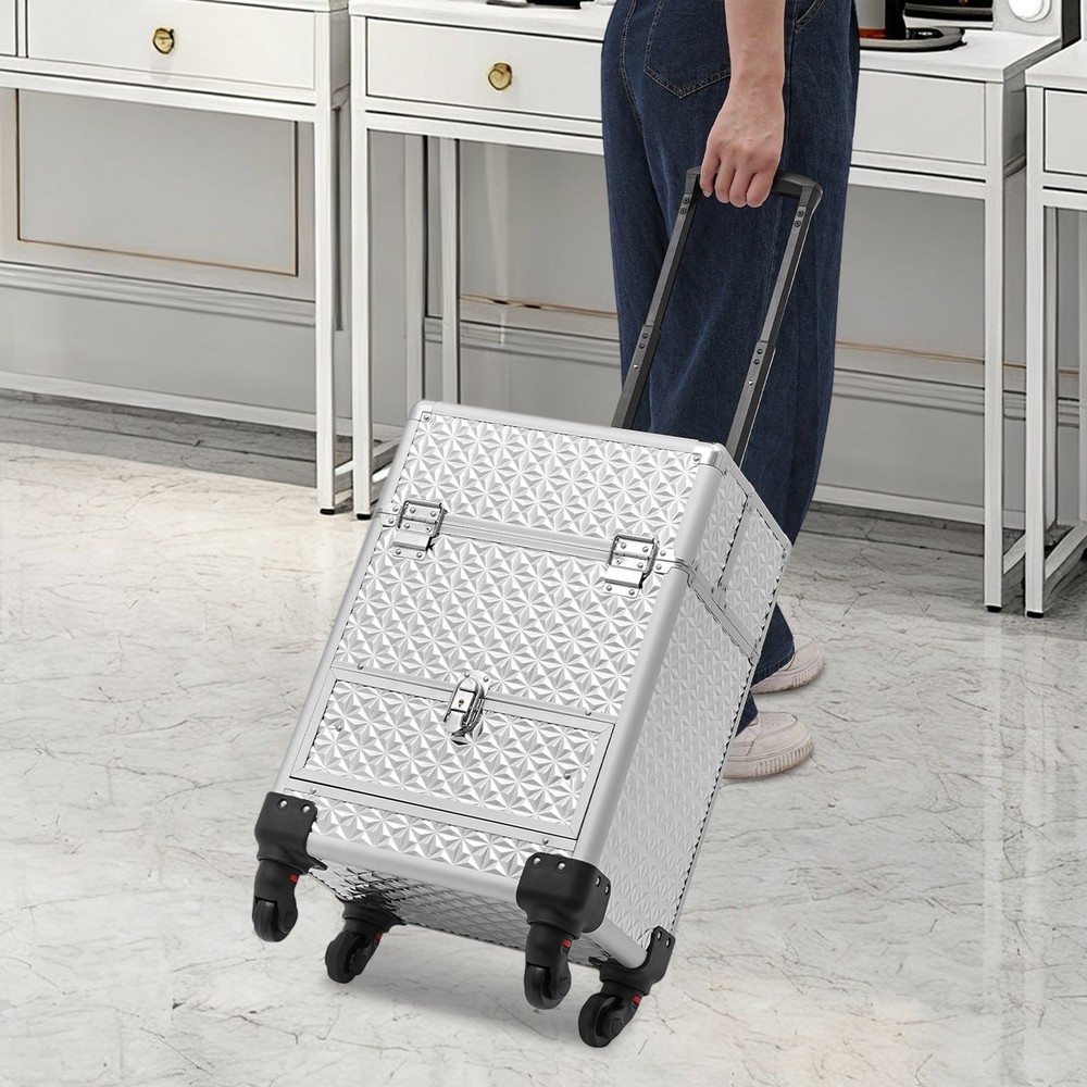 Rolling Nail Case Wheeled Manicure Makeup Train Box Storage Case Organizer