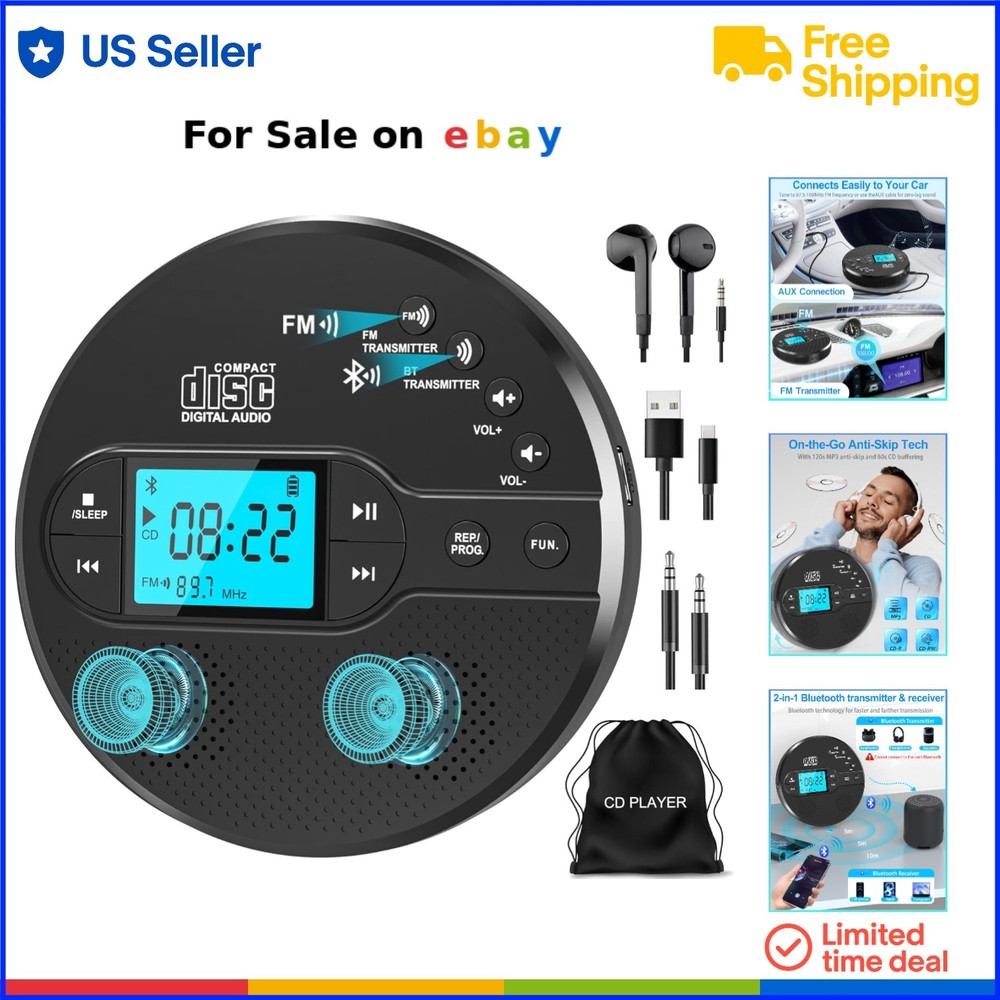 Portable CD Player with Bluetooth FM Transmitter Rechargeable Anti-Skip