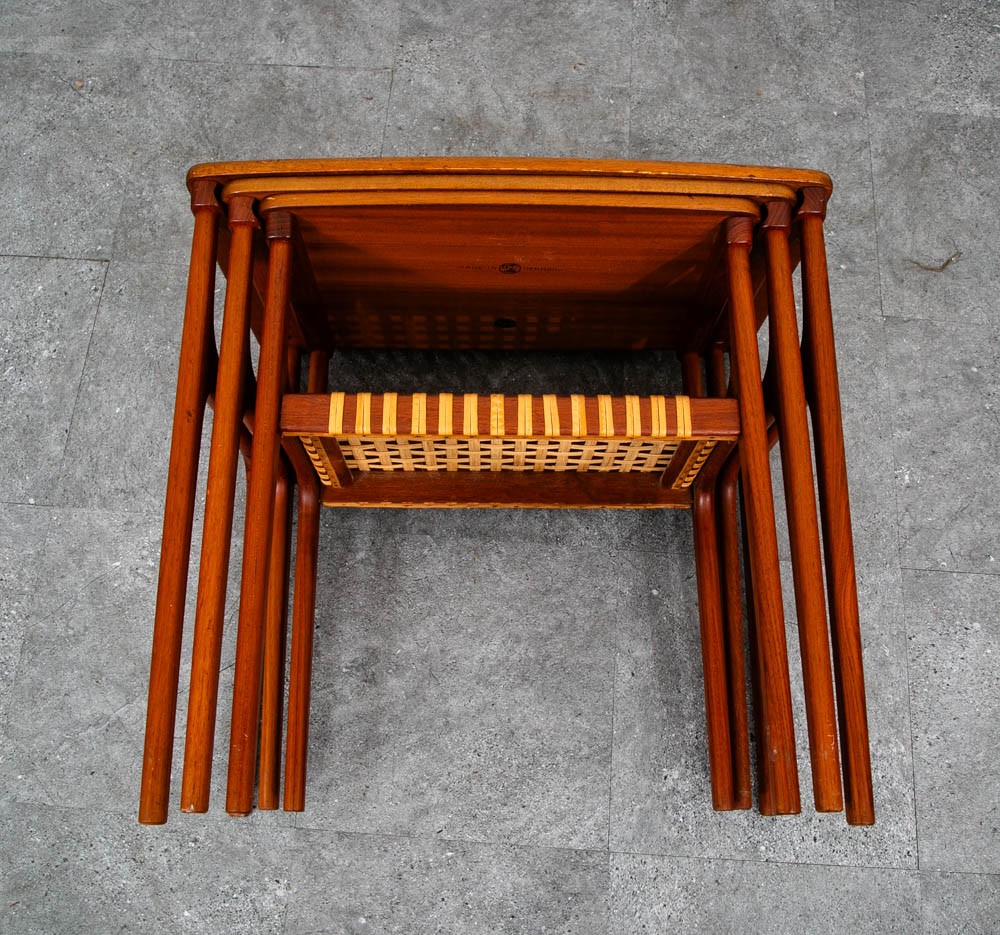 Mid Century Danish Modern Nesting Tables Solid Teak Set 3 Denmark Cane Vintage
