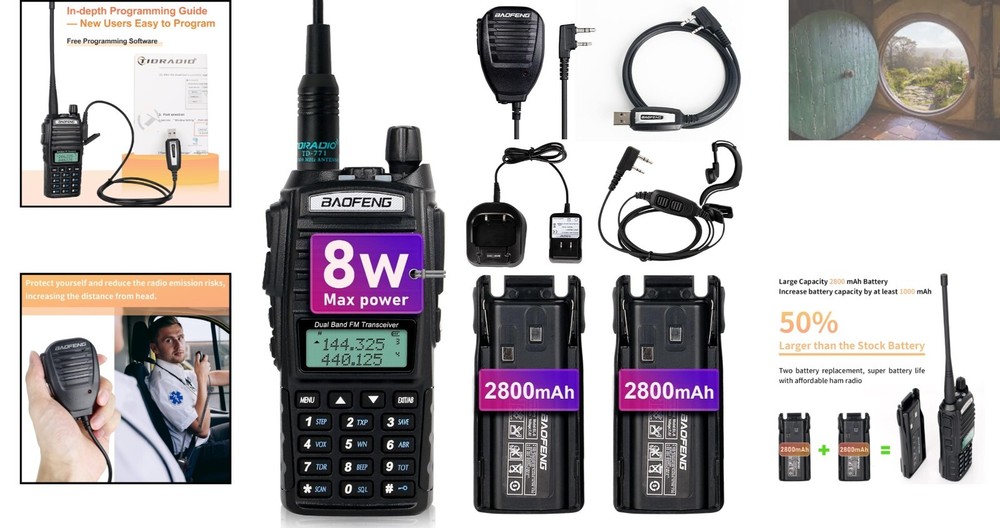 Long Range UV-82 Handheld Walkie Talkie with Speaker Mic & USB Programming Cable