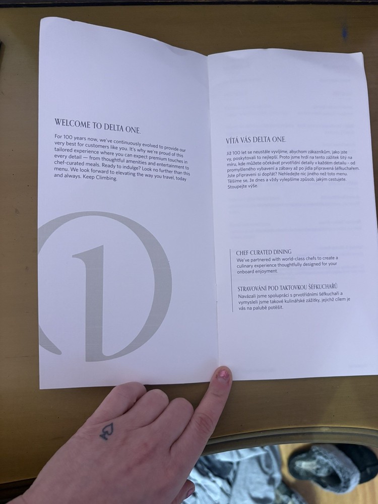 Delta One Menu from JFK to PRG June 2025