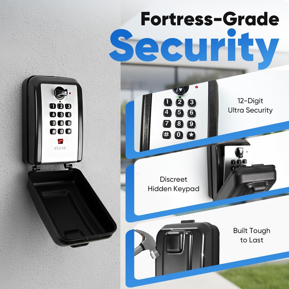 Wall Mount Key Lock Box with 12-Digit Resettable Combination, Weatherproof Ou...