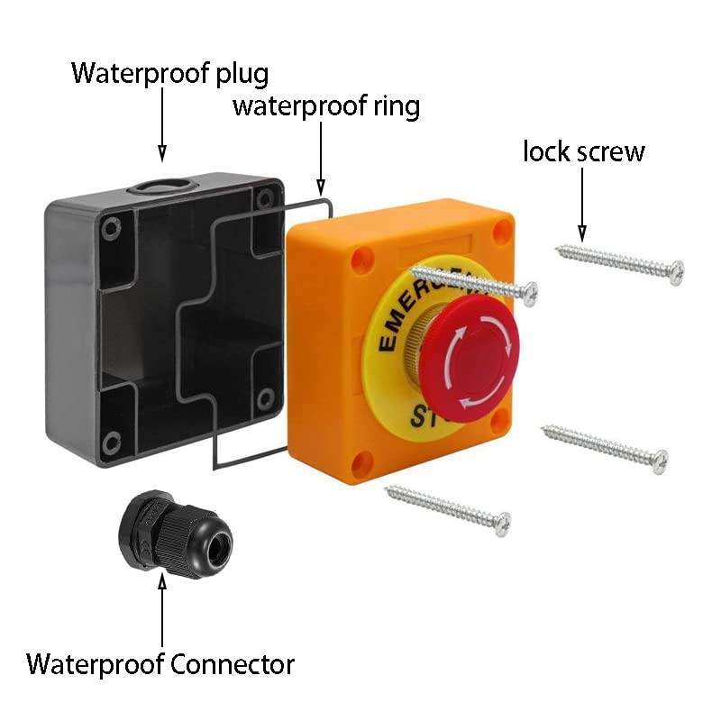 Emergency Stop Push Button Switch,1 NC Waterproof IP65 Red Sign Yellow