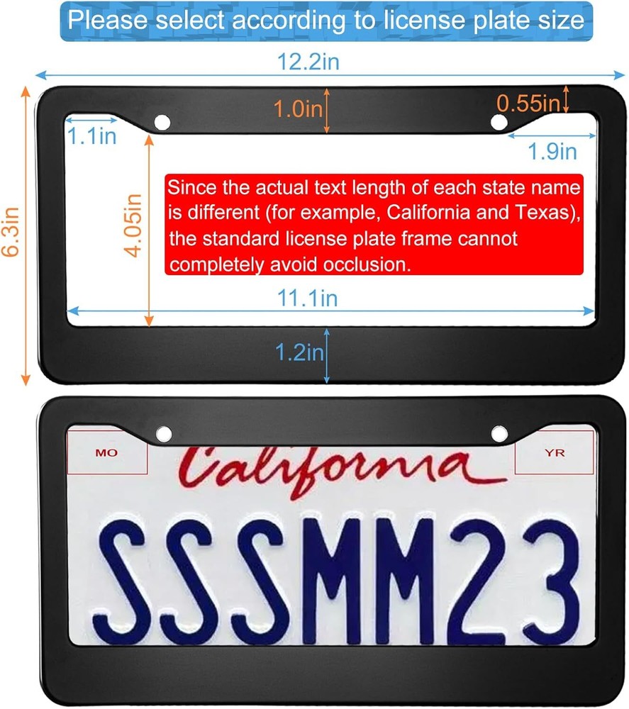2PCS 2 holes matte black license plate frame solid stainless steel black