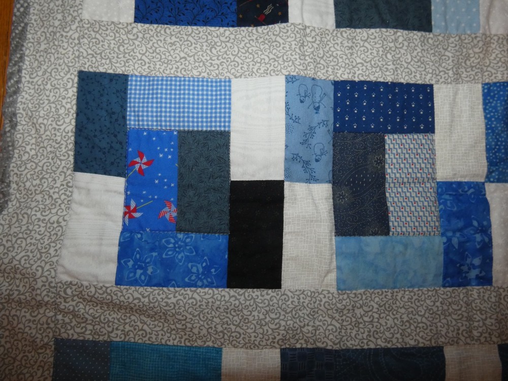 Blue Rectangles Handmade Quilt Pieced Child Prints 33 x 39"
