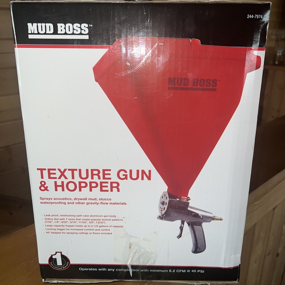Texture Gun and 2 1/2 Gallon Hoppe. Mud Boss operate w/ compressor.