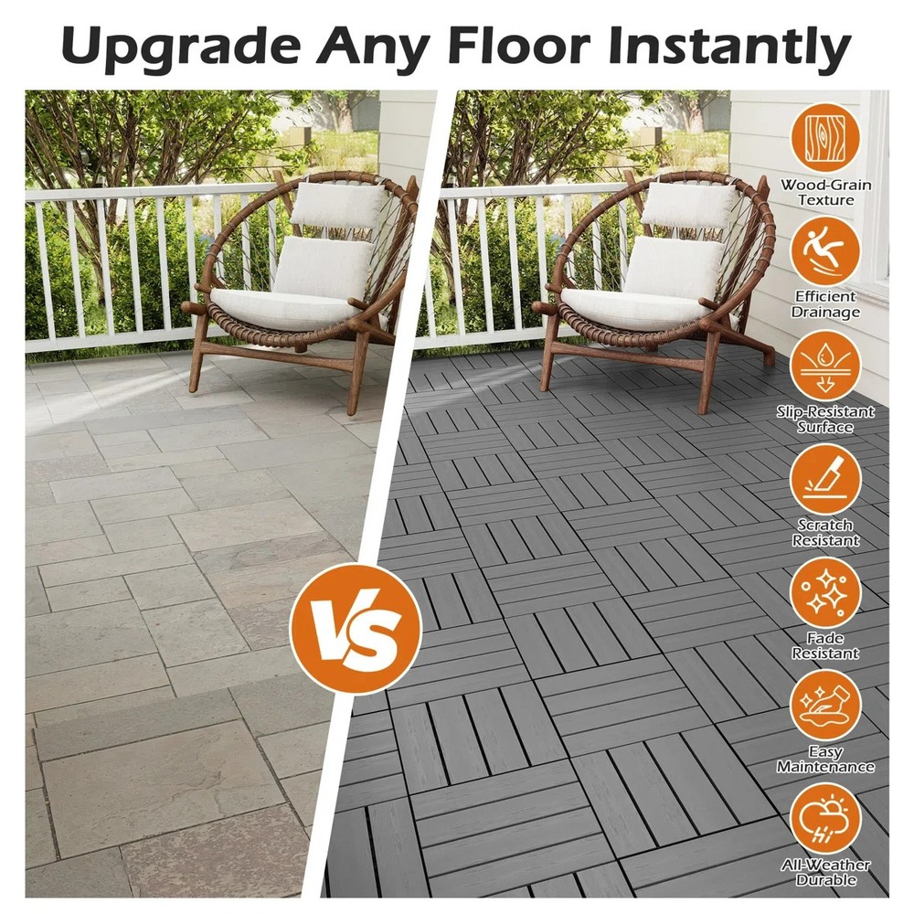 36Pcs HDPE Interlocking Deck,Waterproof Snap-Together w/Drainage Design,Grey