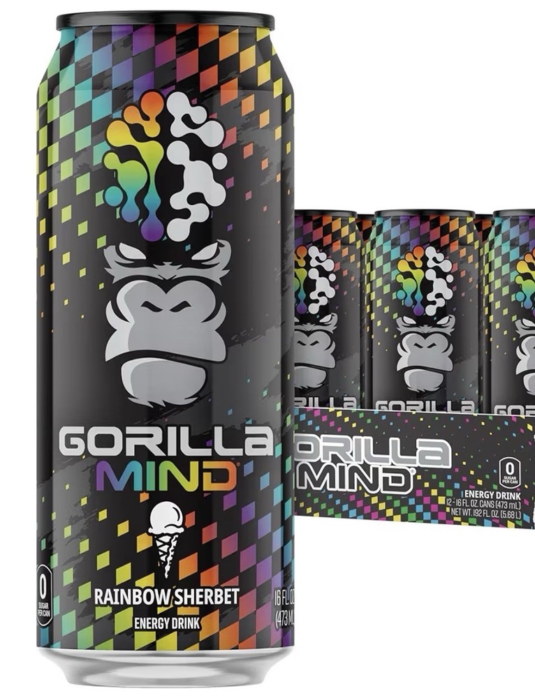 NEW ‼️ Gorilla Mind Energy 0 Sugar Rainbow Sherbet 🌈 4 Pack (= 4 CANS)