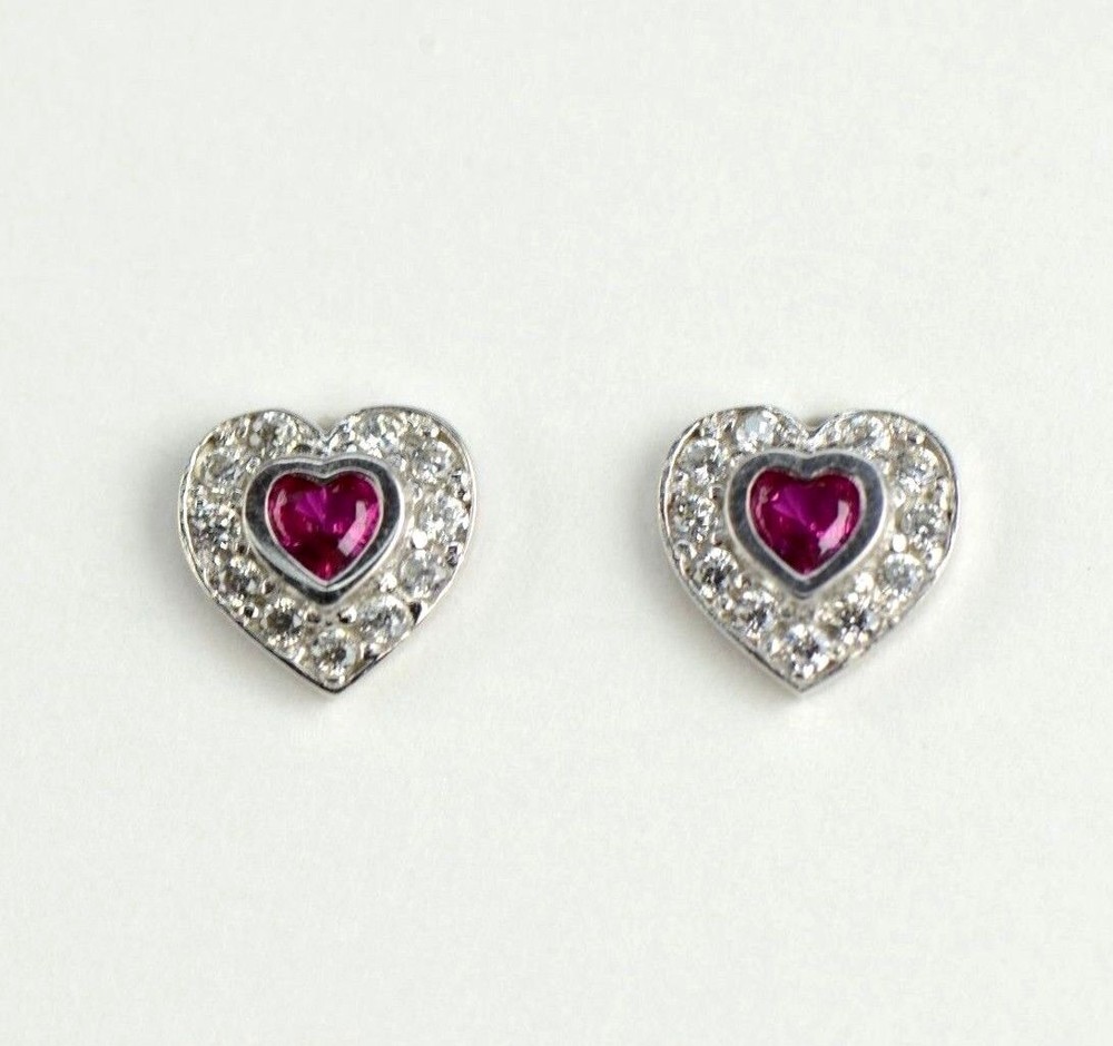14k Solid White Gold Halo Heart Stud Earrings
