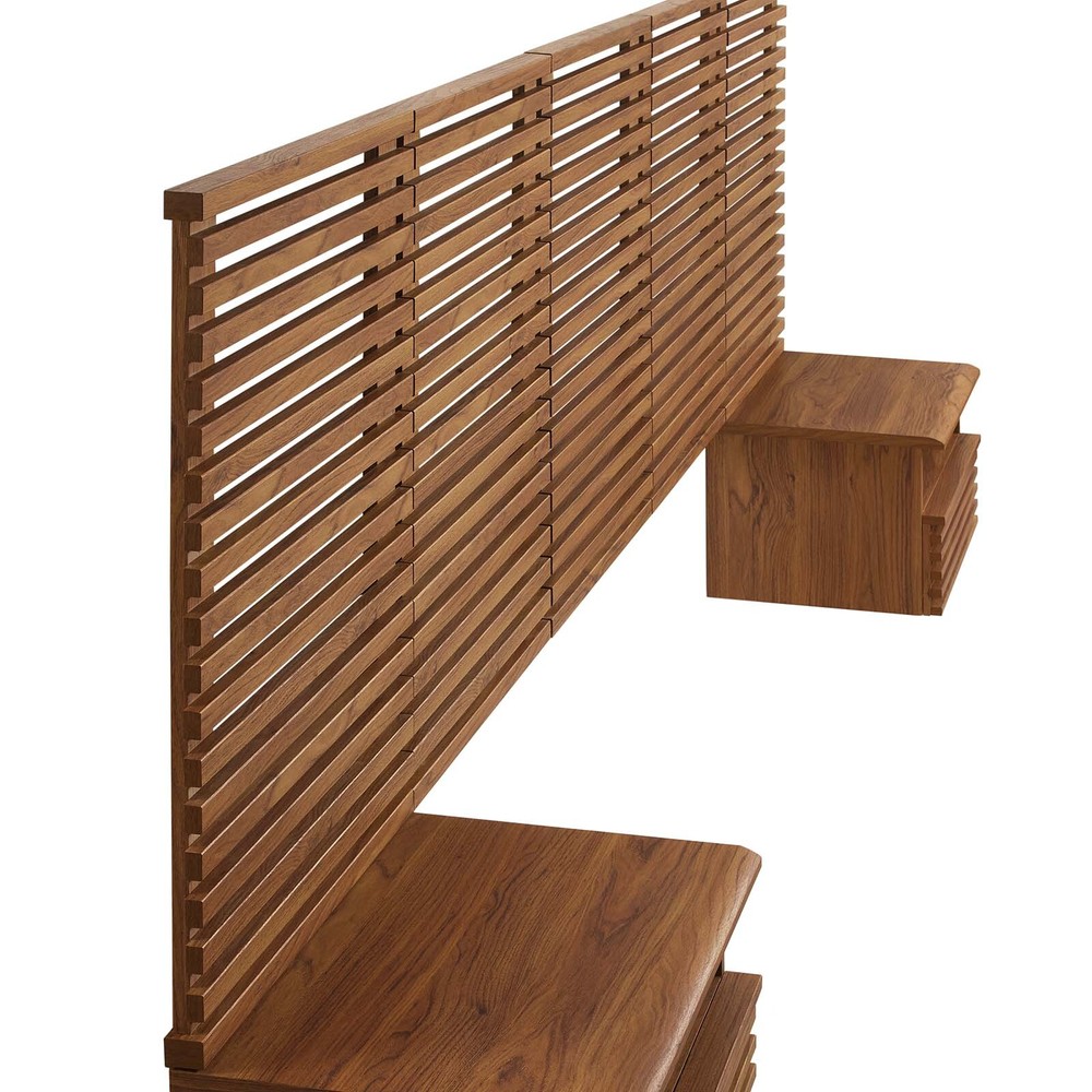 Modway Render Wall Mount Queen Headboard and Modern Nightstands in Walnut