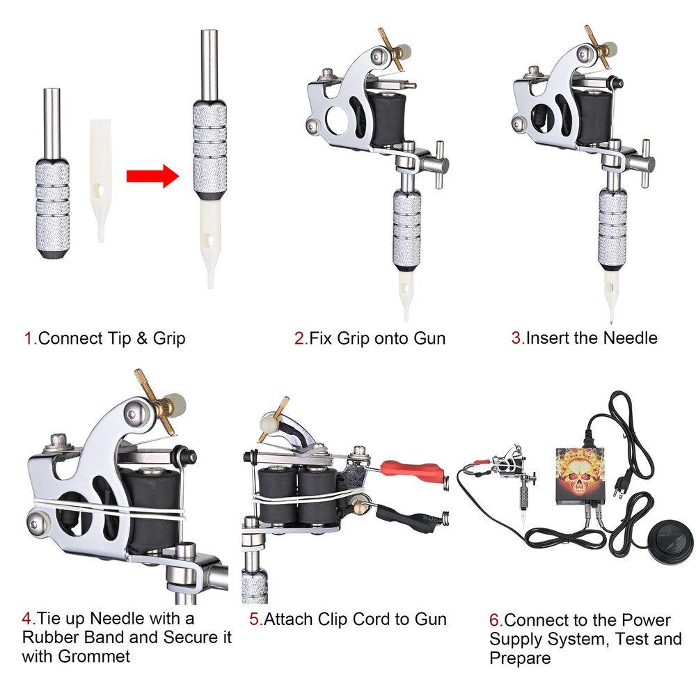 Complete Tattoo Beginner Kit 4 Machine Gun 40 Inks Needle Grip Power Supply Tip