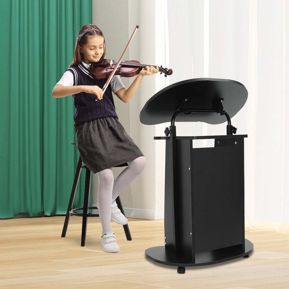 Adjustable Mobile Height Presentation Stand with Storage and Rolling Wheels