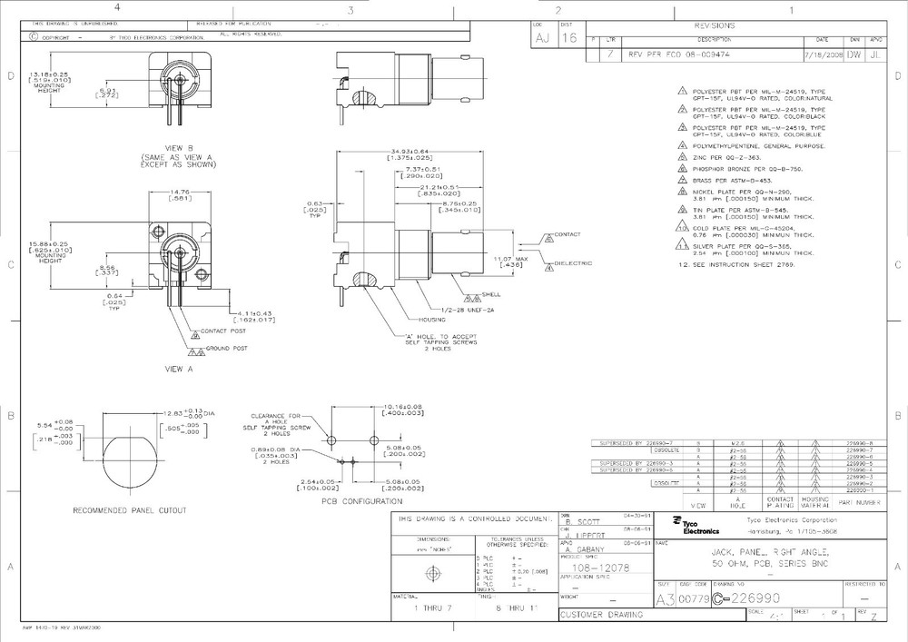 Qty(10) Amphenol BNC Jack, Panel, Female, PCB Pins