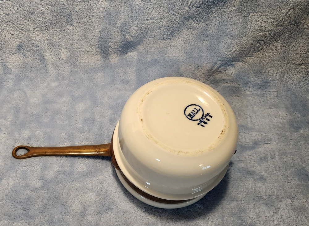 Vintage Hall Double Boiler Insert White Ceramic Copper Band Brass Handle Pot