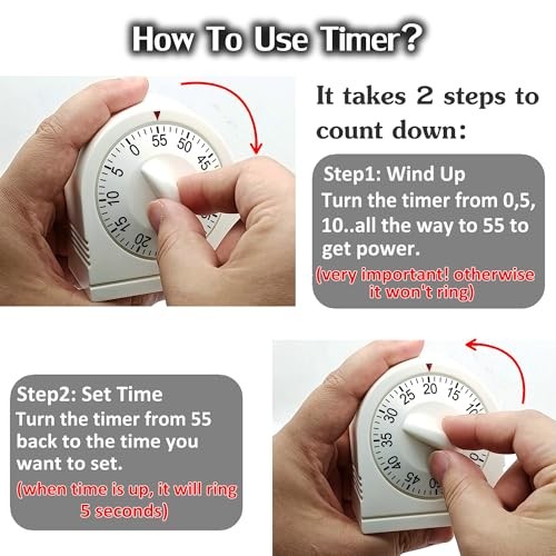 60 Minute Wind Up Timer, Visual Mechanical Timer with Loud Alarm, Manual White