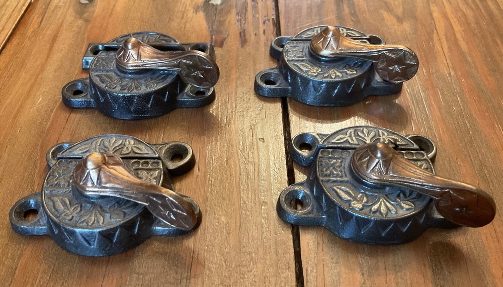 4 Victorian Eastlake Window Sash Locks Copper handle? Embedded Star on Handle
