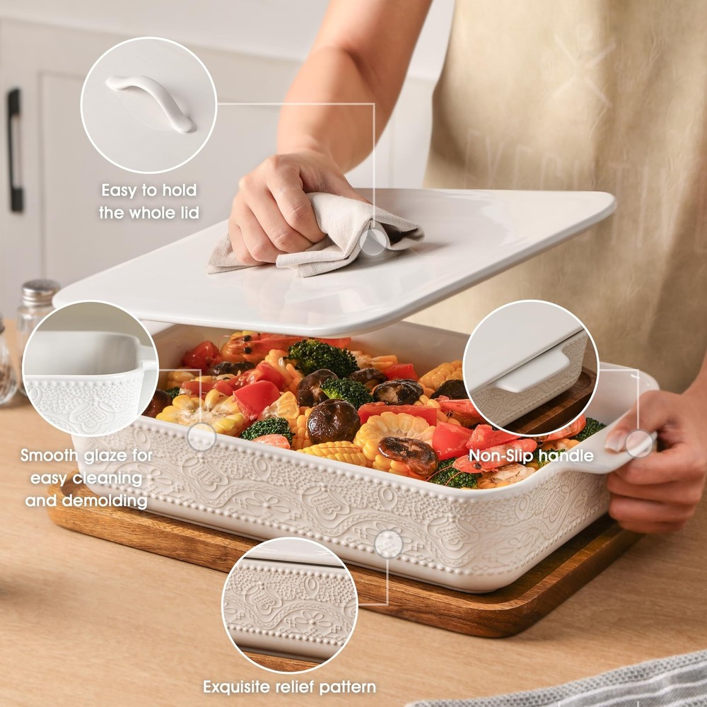 Casserole Dish with Lid, Ceramic 9x13 Casserole Dish for Oven, Rectangular Ba...
