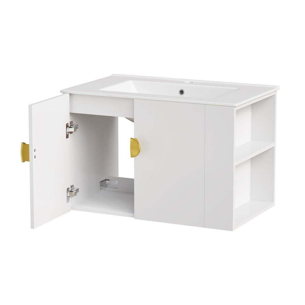 30" Wall Mounted Bathroom Vanity Cabinet with Ceramic Sink & 2 Doors White