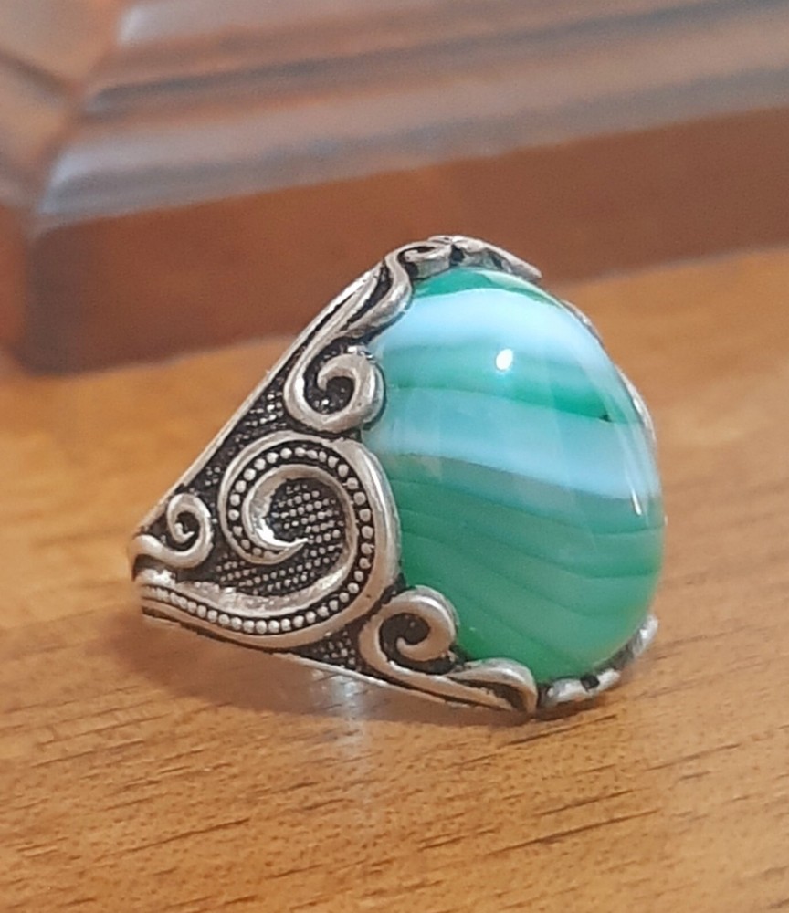 925 Silver Ring Solitaire Seal Rainbow Agate Ring Man Sterling Agate $