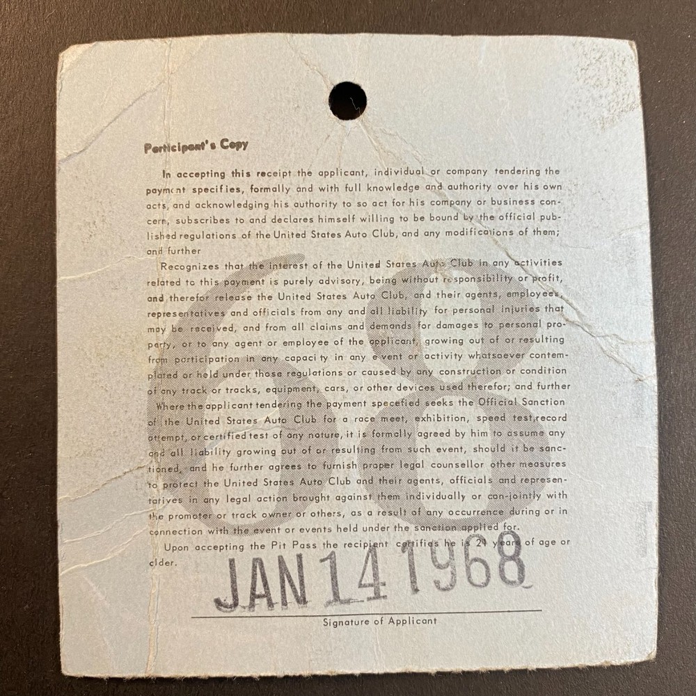 USAC 1968 Pit Pass Jan 14, 1968 Scarce