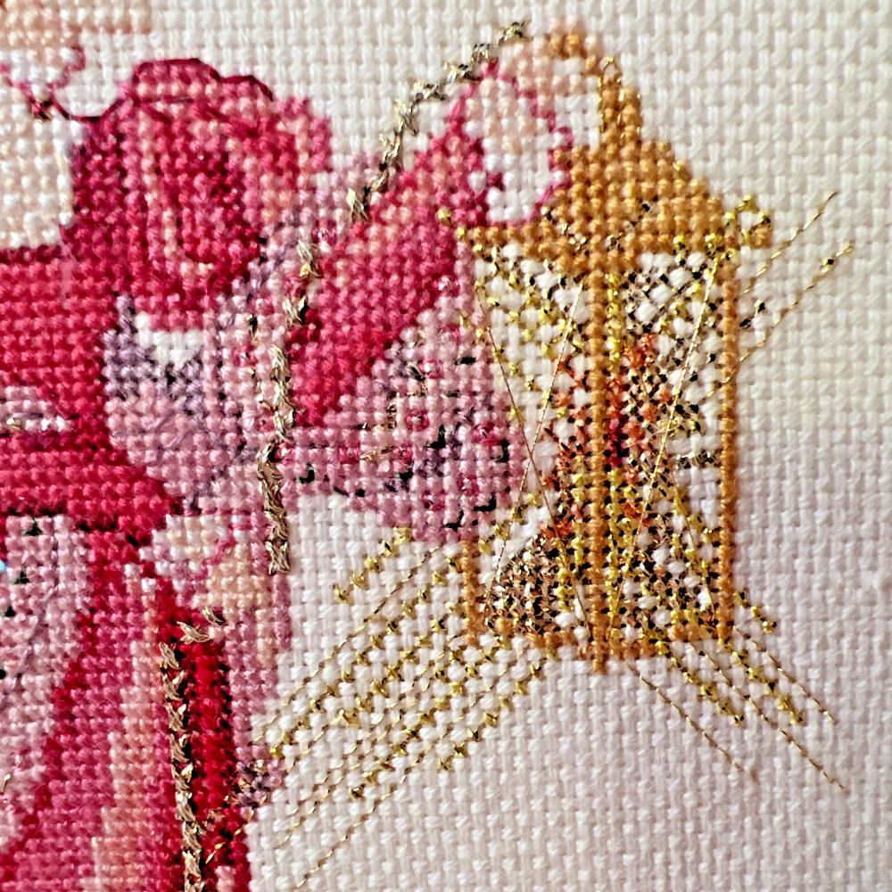 Completed Needlework VNTG. Framed Cross Stitch ANGEL Pink Spring Easter Sparkly!